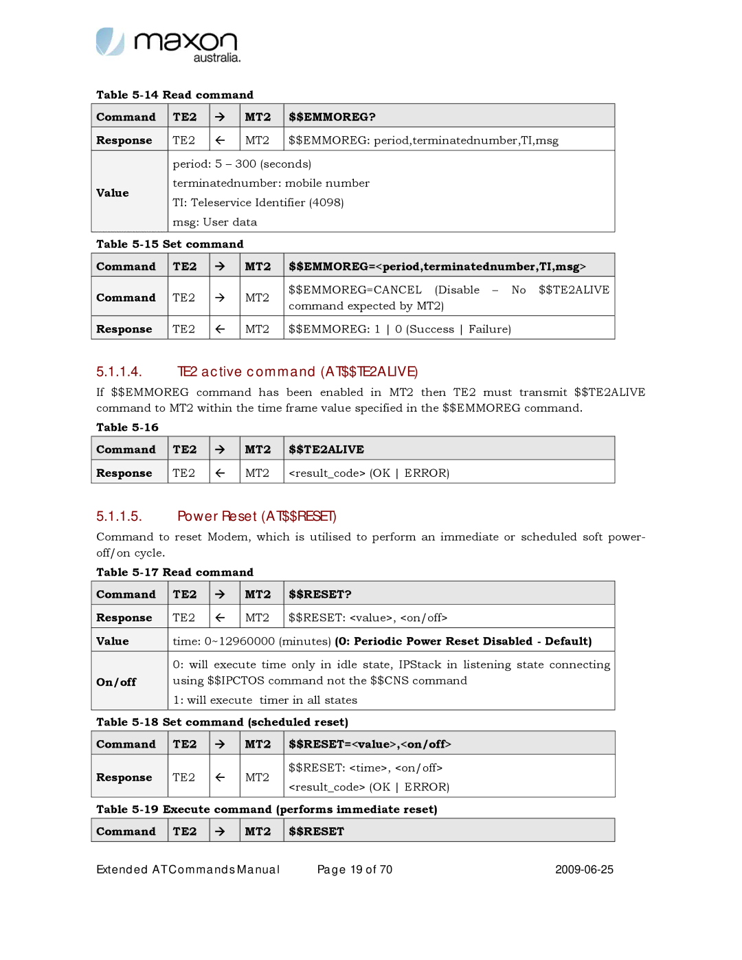 Maxon Telecom MM-6280IND manual 1.4. TE2 active command AT$$TE2ALIVE, Power Reset AT$$RESET 