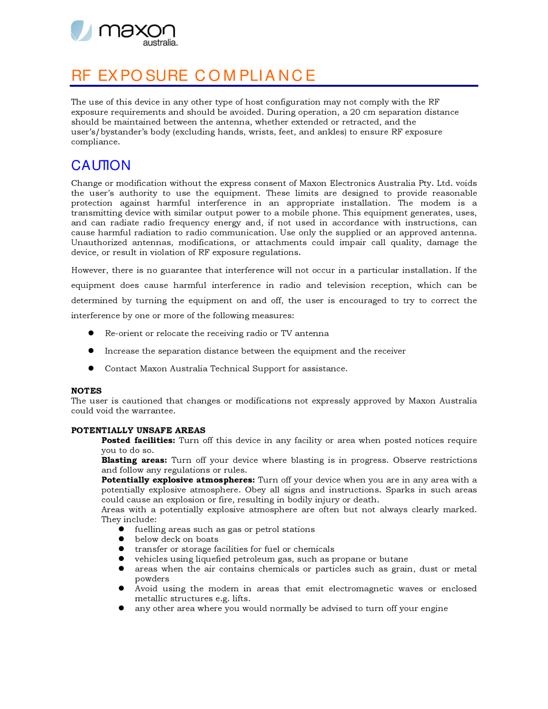 Maxon Telecom MM-6280IND manual RF Exposure Compliance, Potentially Unsafe Areas 