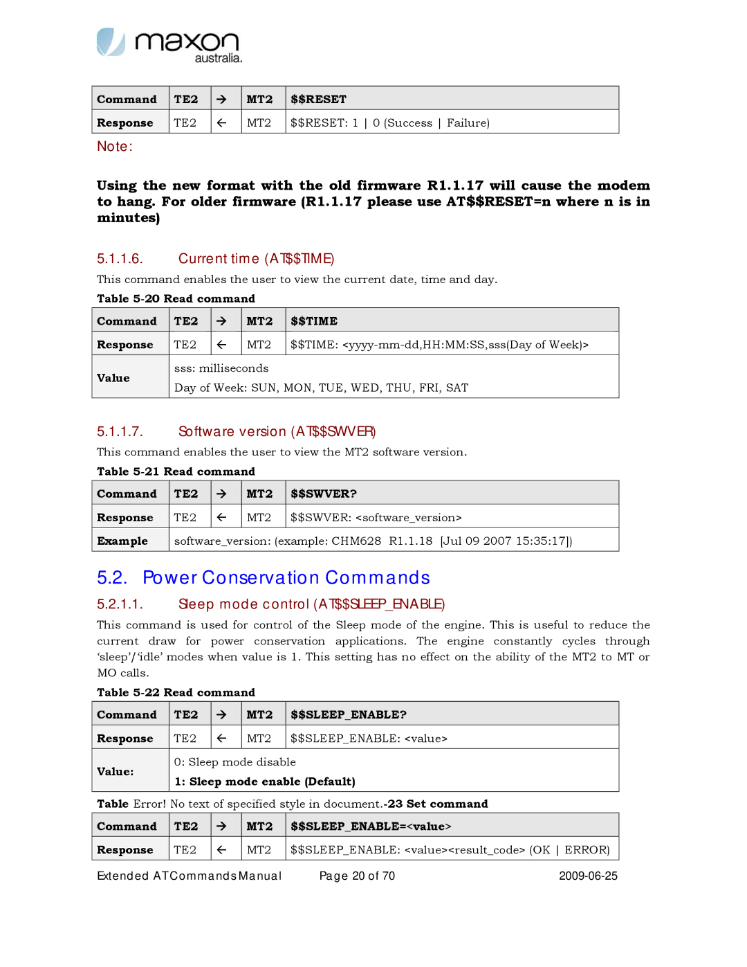 Maxon Telecom MM-6280IND manual Power Conservation Commands, Current time AT$$TIME, Software version AT$$SWVER 