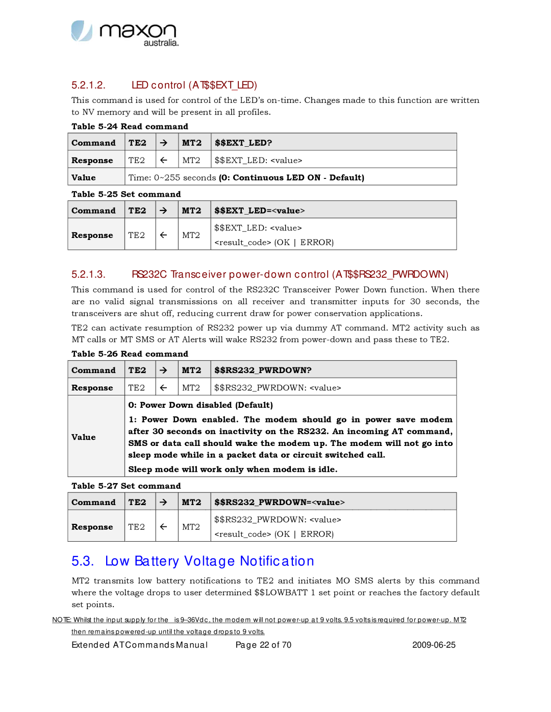 Maxon Telecom MM-6280IND manual Low Battery Voltage Notification, LED control AT$$EXTLED, TE2 MT2 $$EXTLED? 