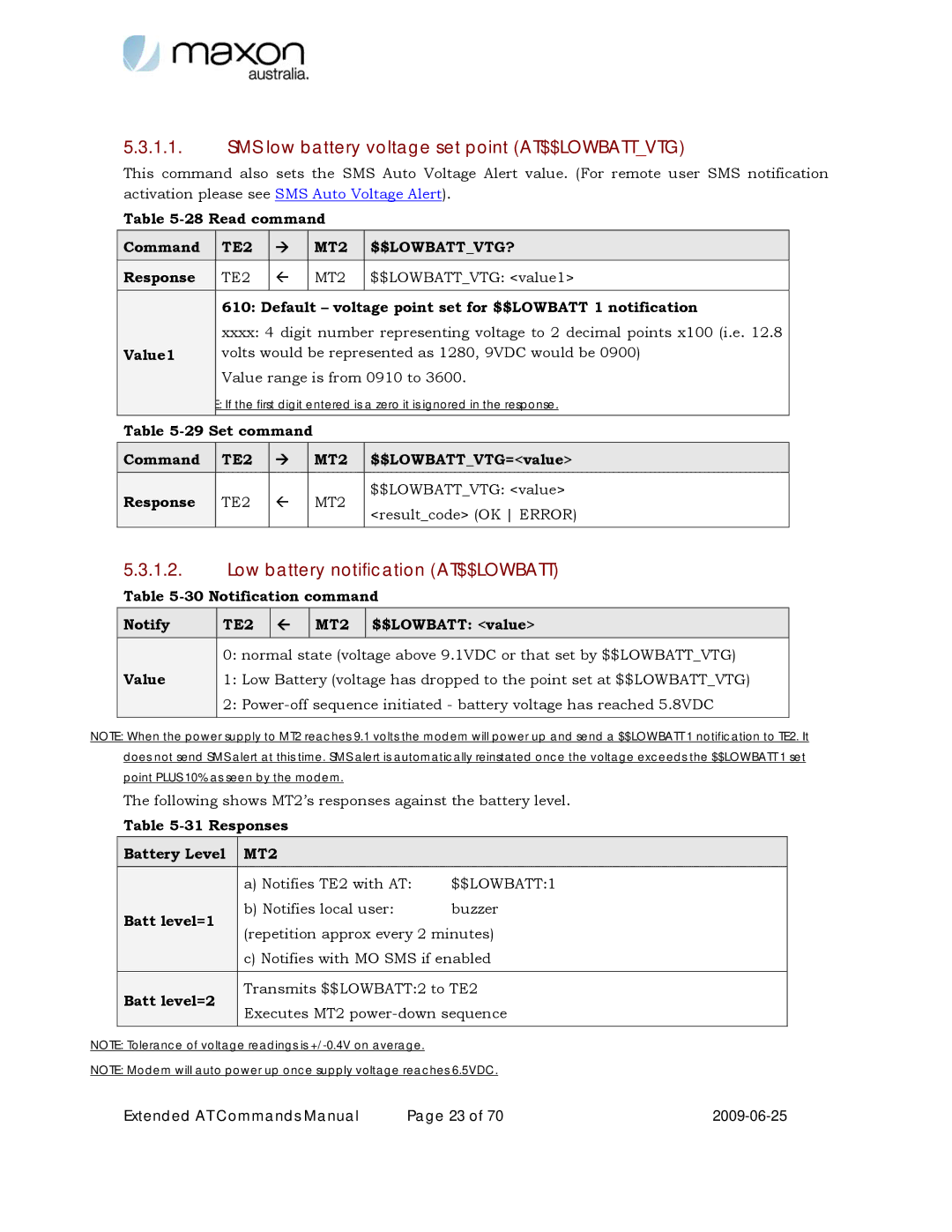 Maxon Telecom MM-6280IND manual SMS low battery voltage set point AT$$LOWBATTVTG, Low battery notification AT$$LOWBATT 