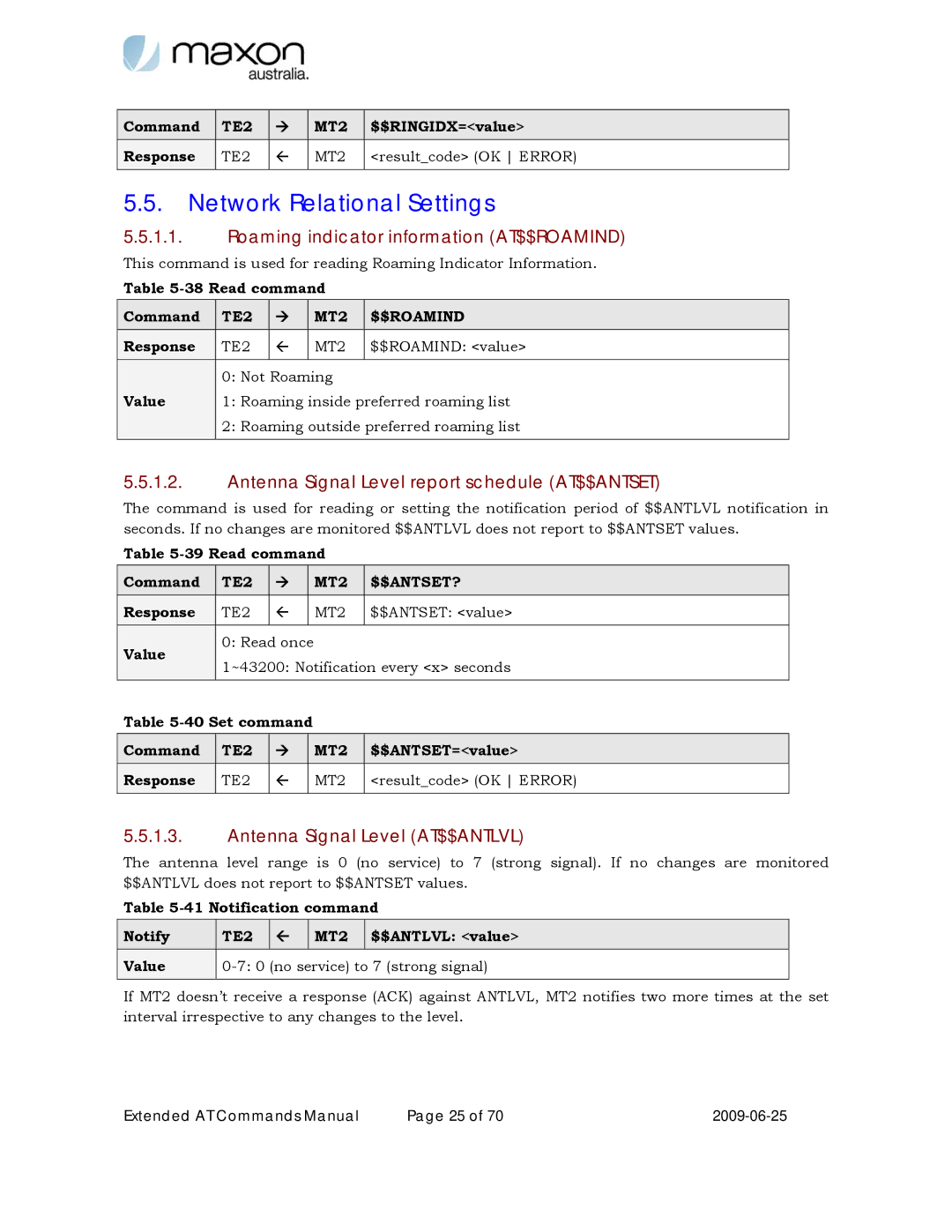 Maxon Telecom MM-6280IND manual Network Relational Settings, Roaming indicator information AT$$ROAMIND 