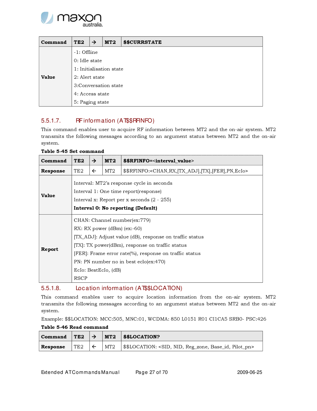 Maxon Telecom MM-6280IND manual RF information AT$$RFINFO, Location information AT$$LOCATION, TE2 MT2 $$LOCATION? 