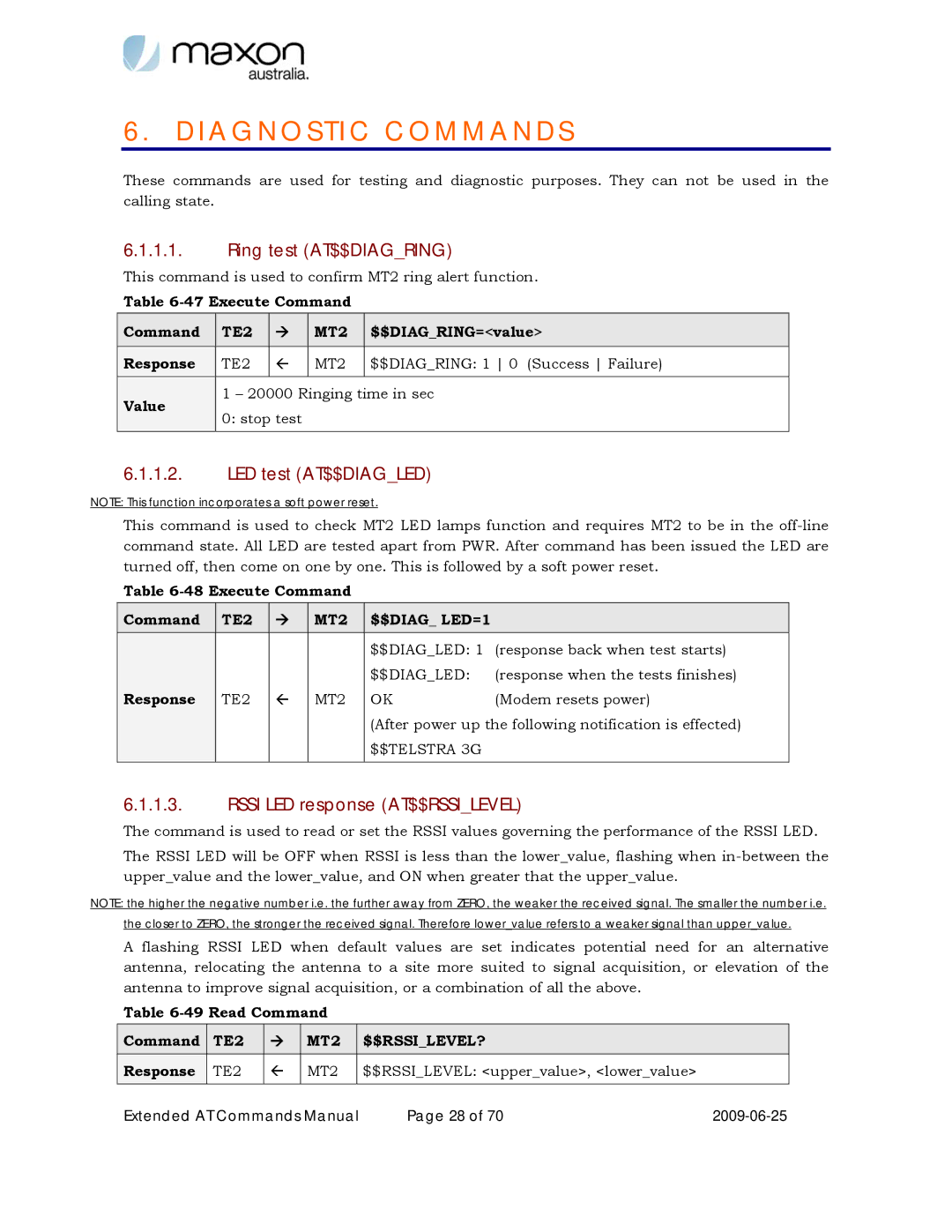 Maxon Telecom MM-6280IND manual Diagnostic Commands, Ring test AT$$DIAGRING, LED test AT$$DIAGLED, TE2 MT2 $$RSSILEVEL? 