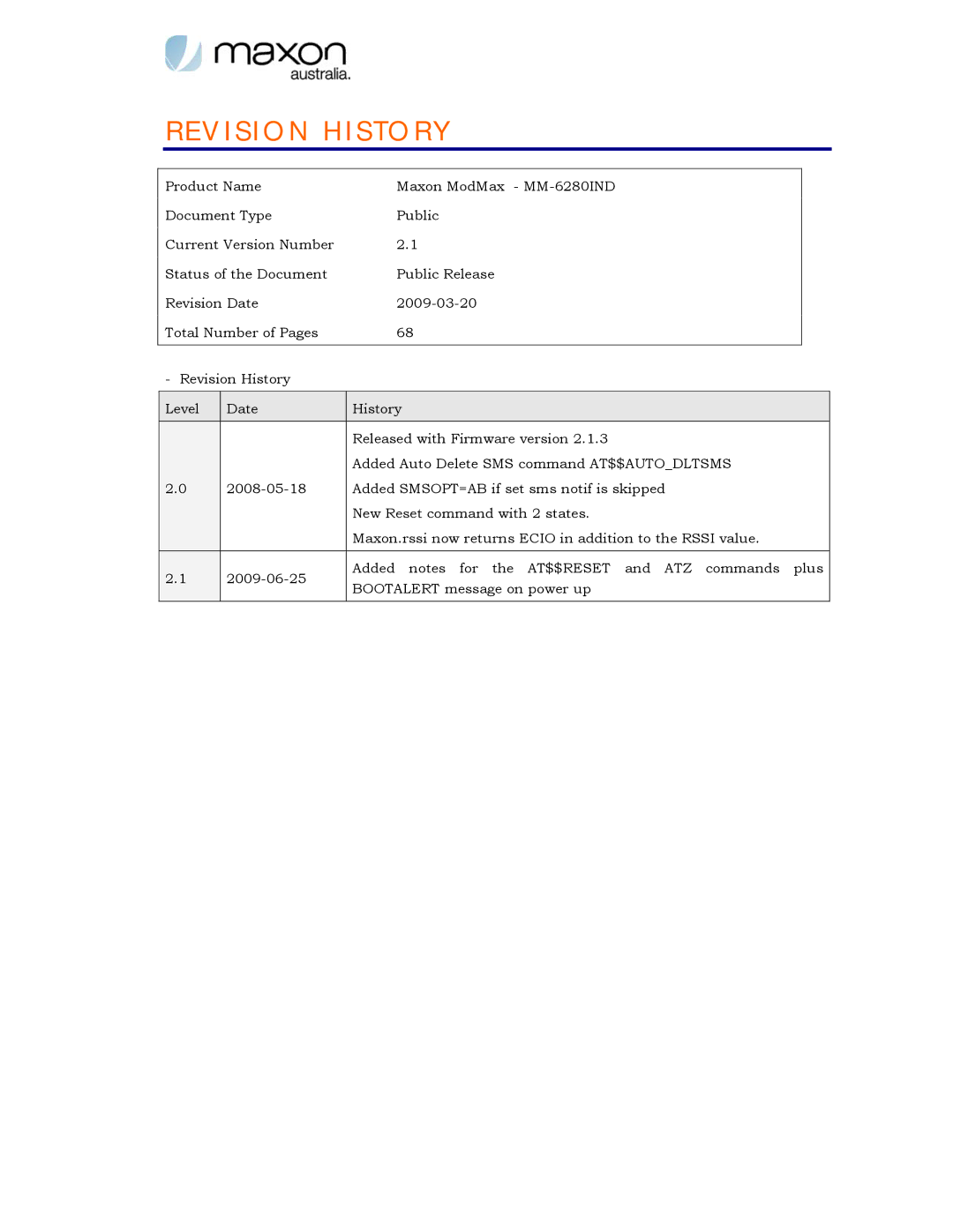 Maxon Telecom MM-6280IND manual Revision History 