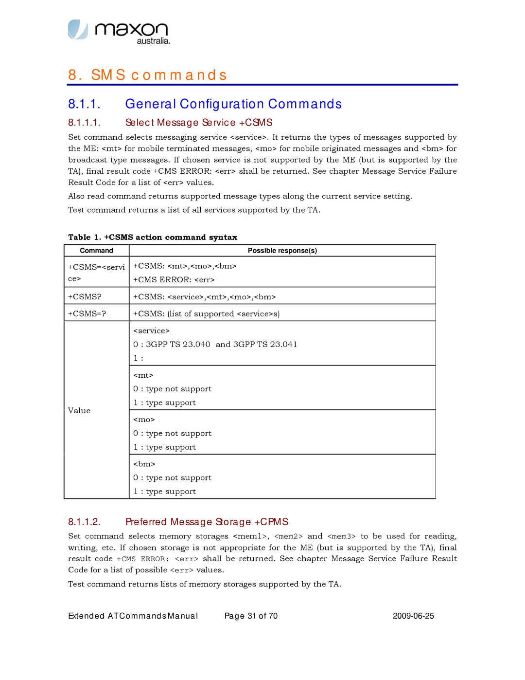 Maxon Telecom MM-6280IND General Configuration Commands, Select Message Service +CSMS, Preferred Message Storage +CPMS 