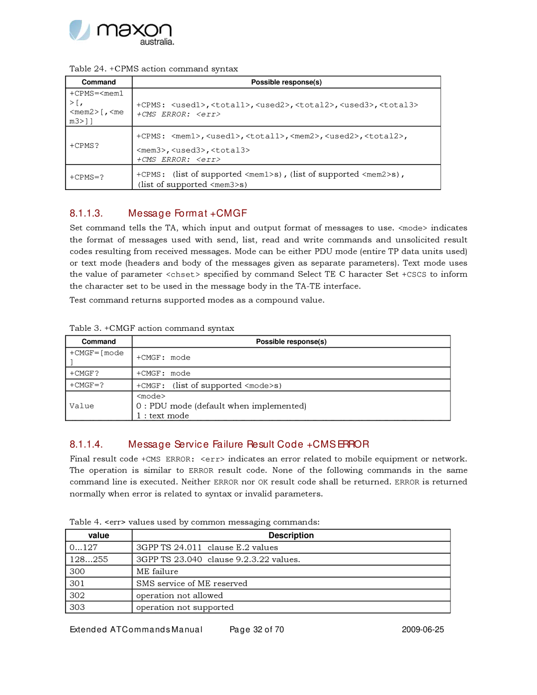 Maxon Telecom MM-6280IND manual Message Format +CMGF, Message Service Failure Result Code +CMS Error 