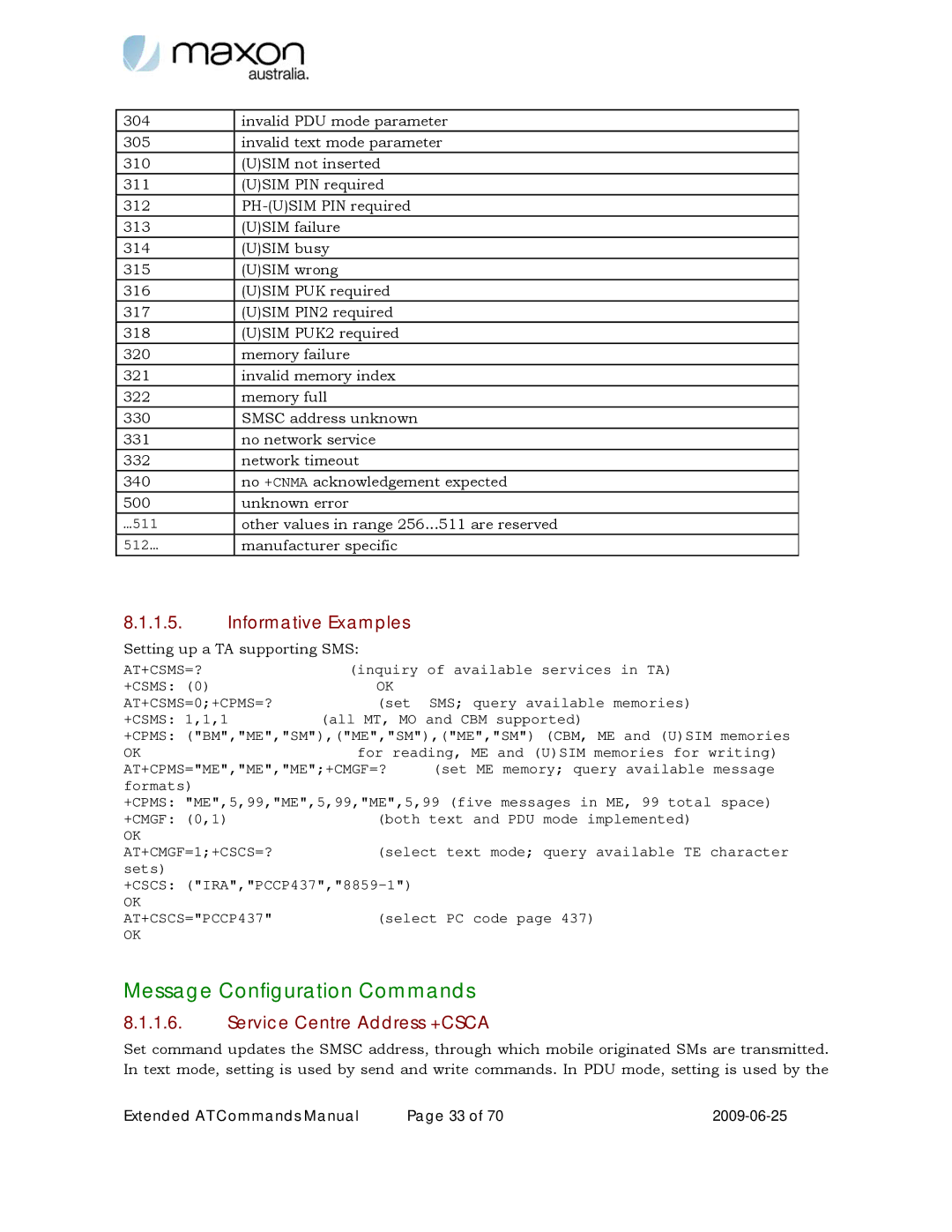 Maxon Telecom MM-6280IND manual Message Configuration Commands, Informative Examples, Service Centre Address +CSCA 