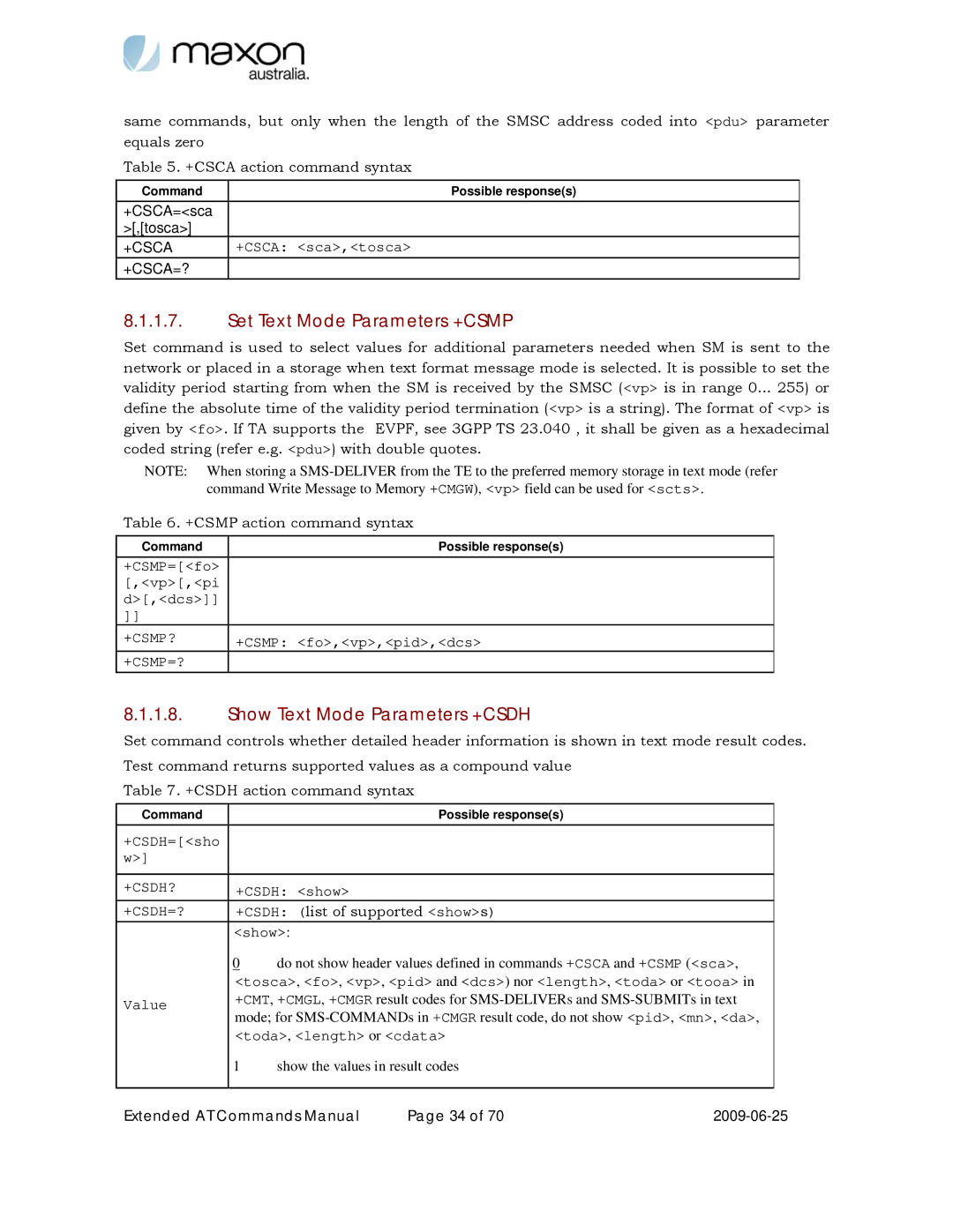 Maxon Telecom MM-6280IND manual Set Text Mode Parameters +CSMP, Show Text Mode Parameters +CSDH 