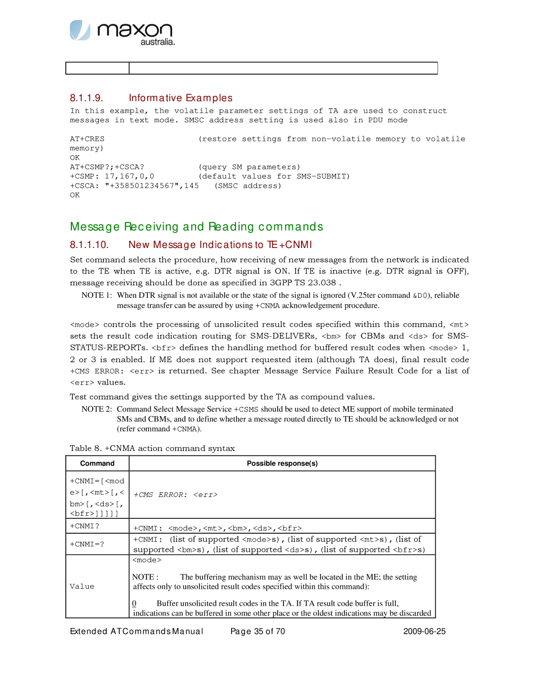 Maxon Telecom MM-6280IND manual Message Receiving and Reading commands, New Message Indications to TE +CNMI 