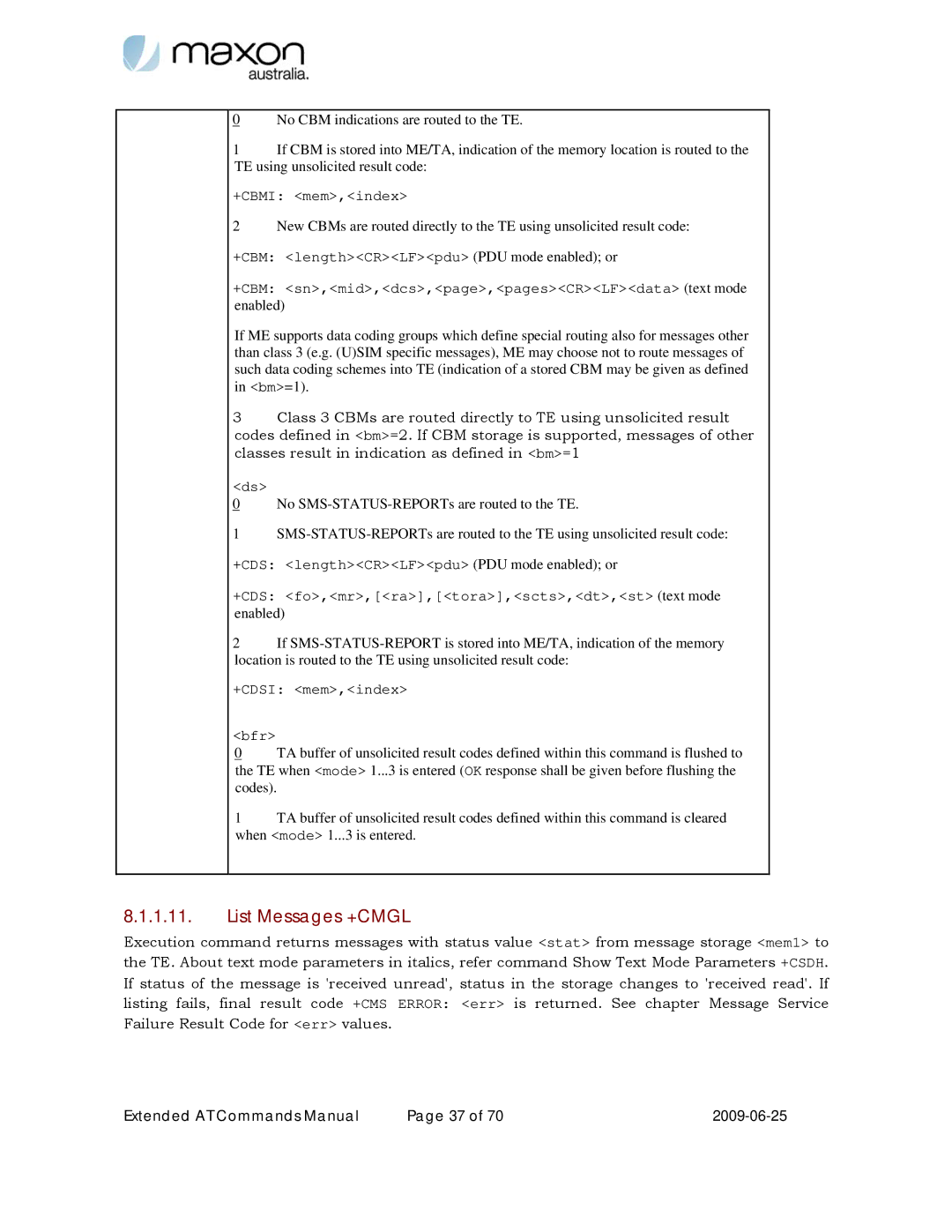 Maxon Telecom MM-6280IND manual List Messages +CMGL 