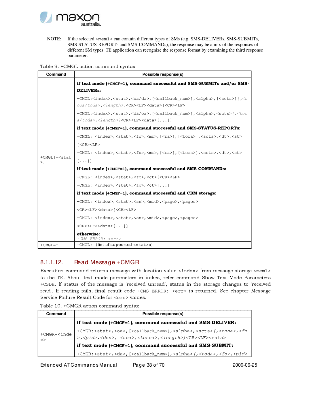 Maxon Telecom MM-6280IND manual Read Message +CMGR, If text mode +CMGF=1, command successful and SMS-DELIVER 