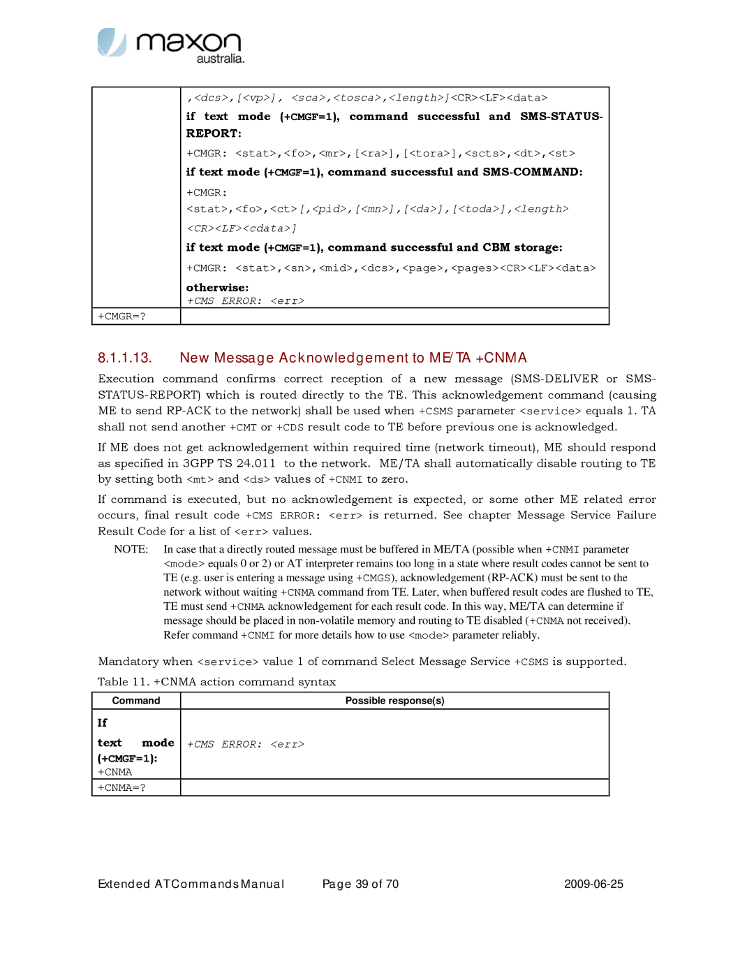 Maxon Telecom MM-6280IND manual New Message Acknowledgement to ME/TA +CNMA, Report 