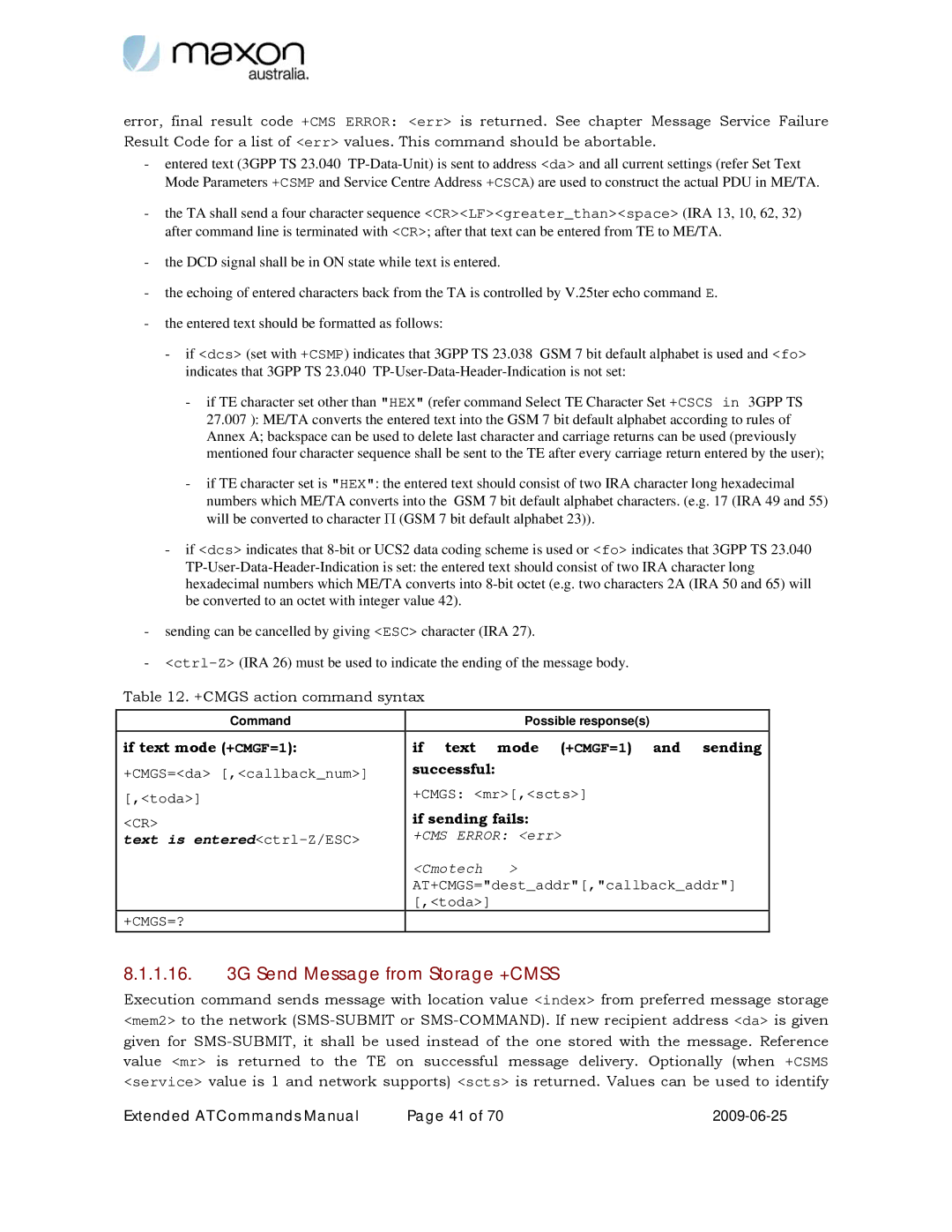 Maxon Telecom MM-6280IND manual Send Message from Storage +CMSS, If text mode +CMGF=1 If text mode +CMGF=1 and sending 