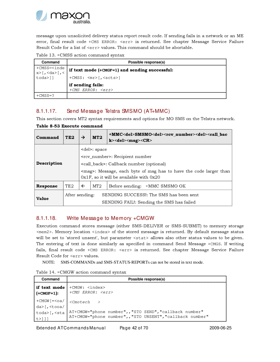 Maxon Telecom MM-6280IND manual Send Message Telstra SMS MO AT+MMC, Write Message to Memory +CMGW 