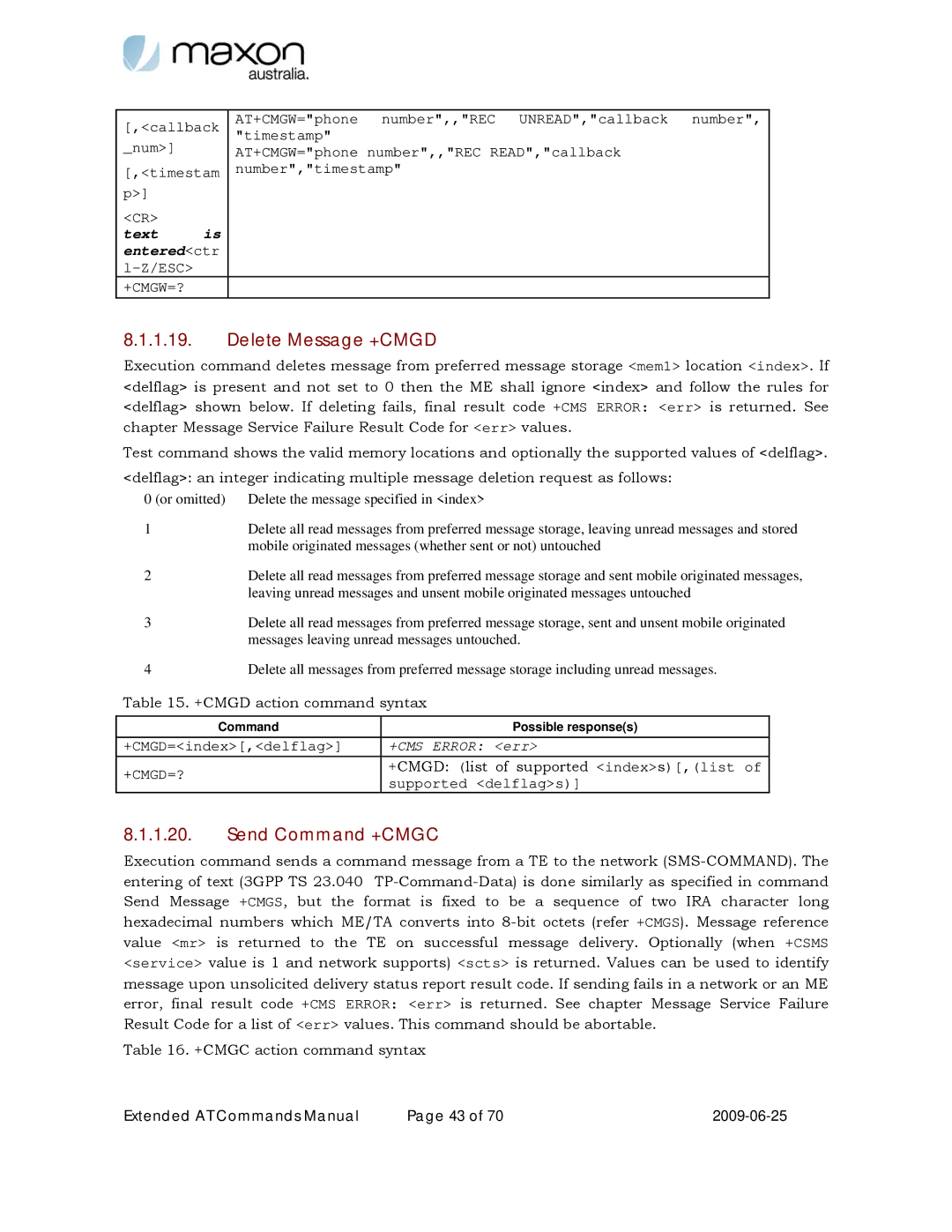 Maxon Telecom MM-6280IND manual Delete Message +CMGD, Send Command +CMGC 