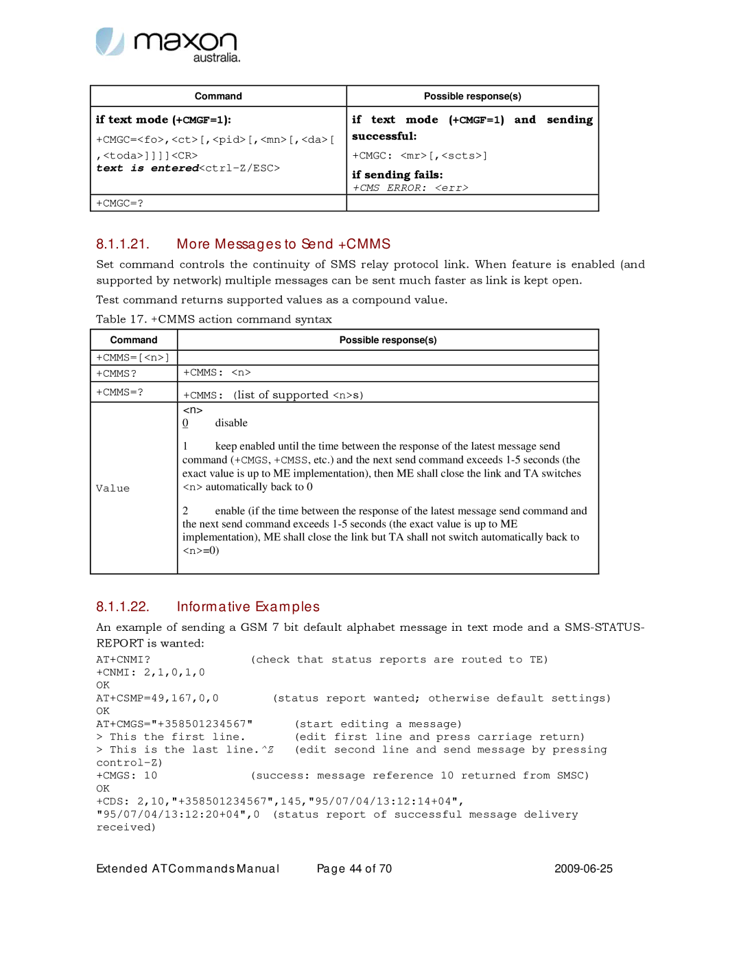 Maxon Telecom MM-6280IND manual More Messages to Send +CMMS, At+Cnmi? 