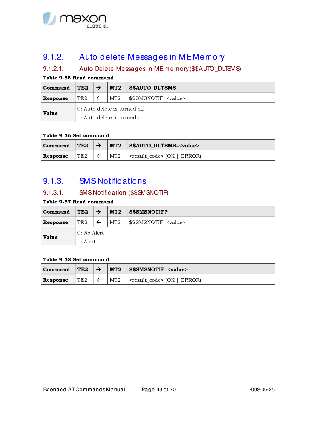 Maxon Telecom MM-6280IND manual Auto delete Messages in ME Memory, SMS Notifications, SMS Notification $$SMSNOTIF 