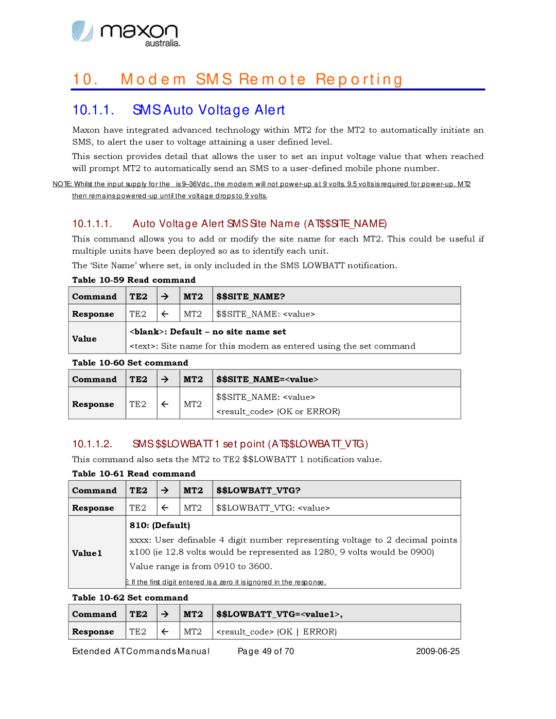 Maxon Telecom MM-6280IND manual SMS Auto Voltage Alert, Auto Voltage Alert SMS Site Name AT$$SITENAME, TE2 MT2 $$SITENAME? 