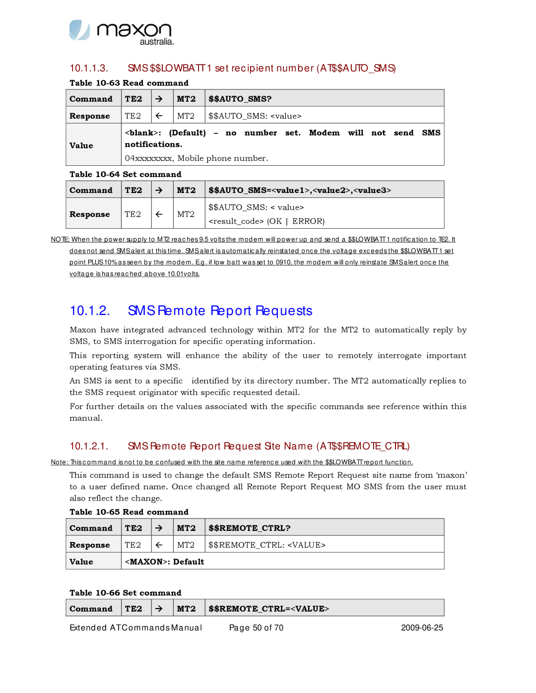 Maxon Telecom MM-6280IND manual SMS Remote Report Requests, SMS $$LOWBATT 1 set recipient number AT$$AUTOSMS 