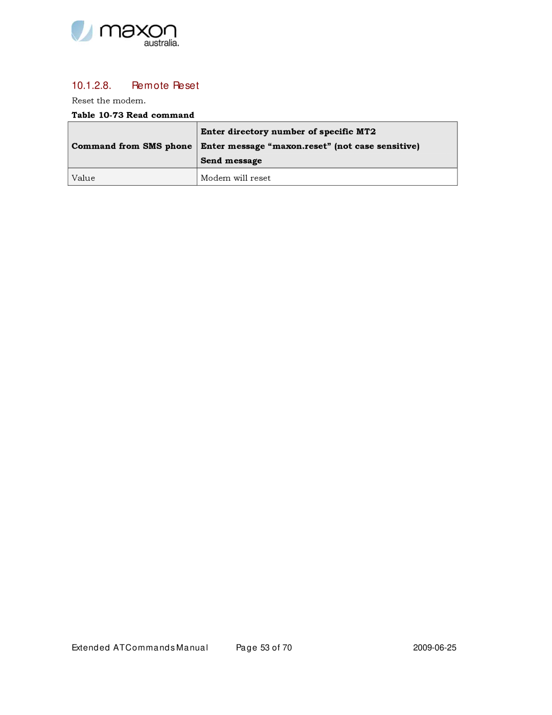 Maxon Telecom MM-6280IND manual Remote Reset, Read command Enter directory number of specific MT2, Value Modem will reset 