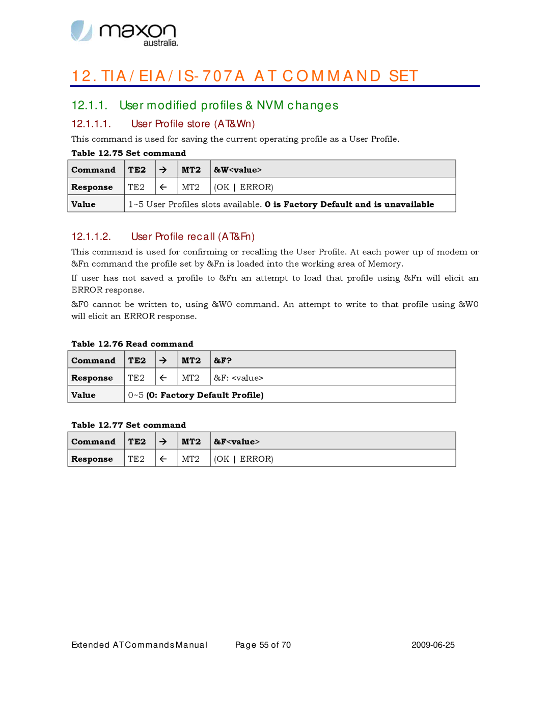 Maxon Telecom MM-6280IND TIA/EIA/IS 707A AT Command SET, User modified profiles & NVM changes, User Profile store AT&Wn 