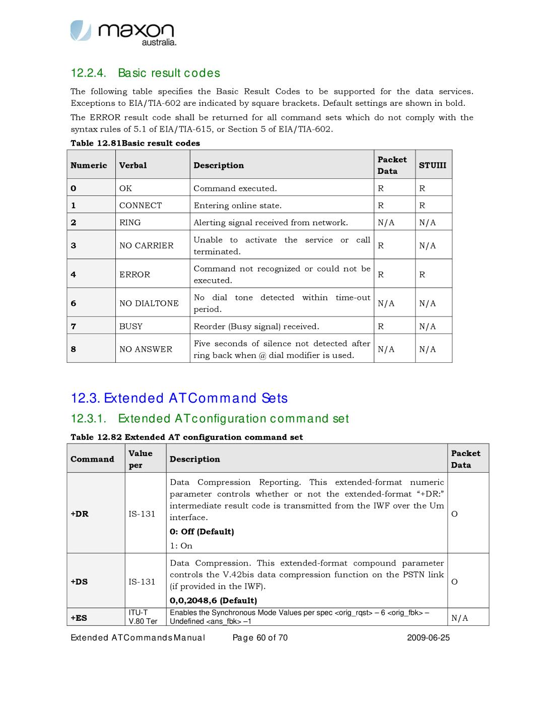 Maxon Telecom MM-6280IND manual Extended AT Command Sets, Basic result codes, Extended AT configuration command set 