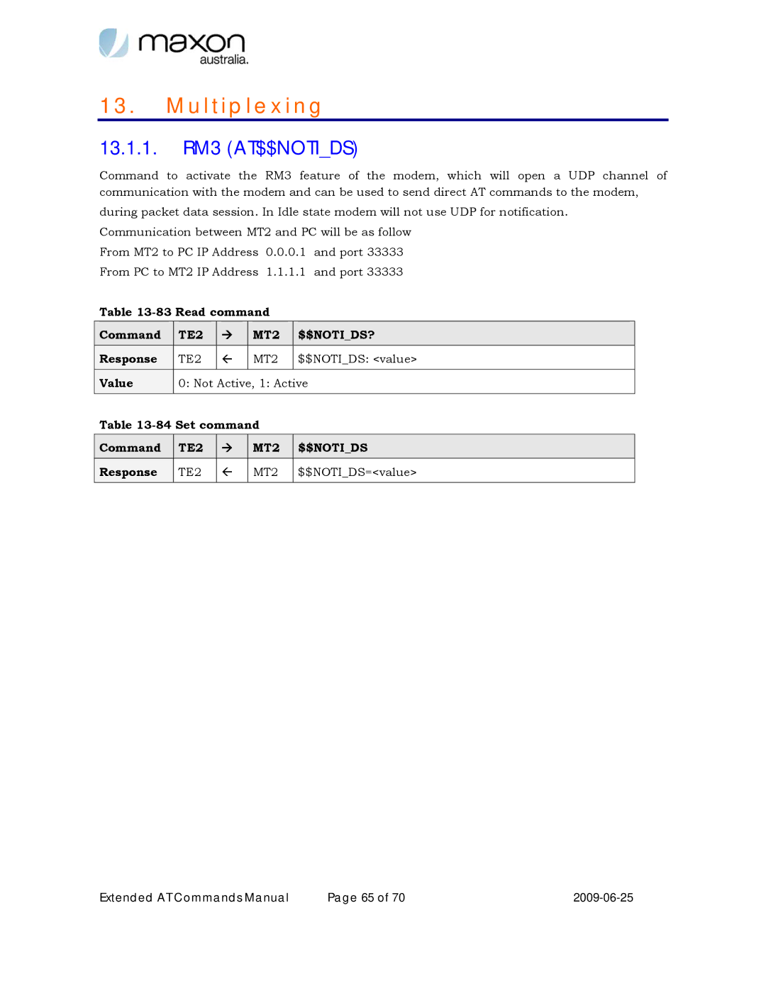 Maxon Telecom MM-6280IND manual 13.1.1. RM3 AT$$NOTIDS, TE2 MT2 $$NOTIDS? 