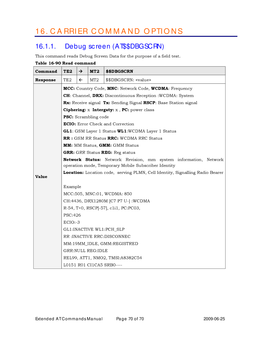 Maxon Telecom MM-6280IND manual Carrier Command Options, Debug screen AT$$DBGSCRN, TE2 MT2 $$DBGSCRN 