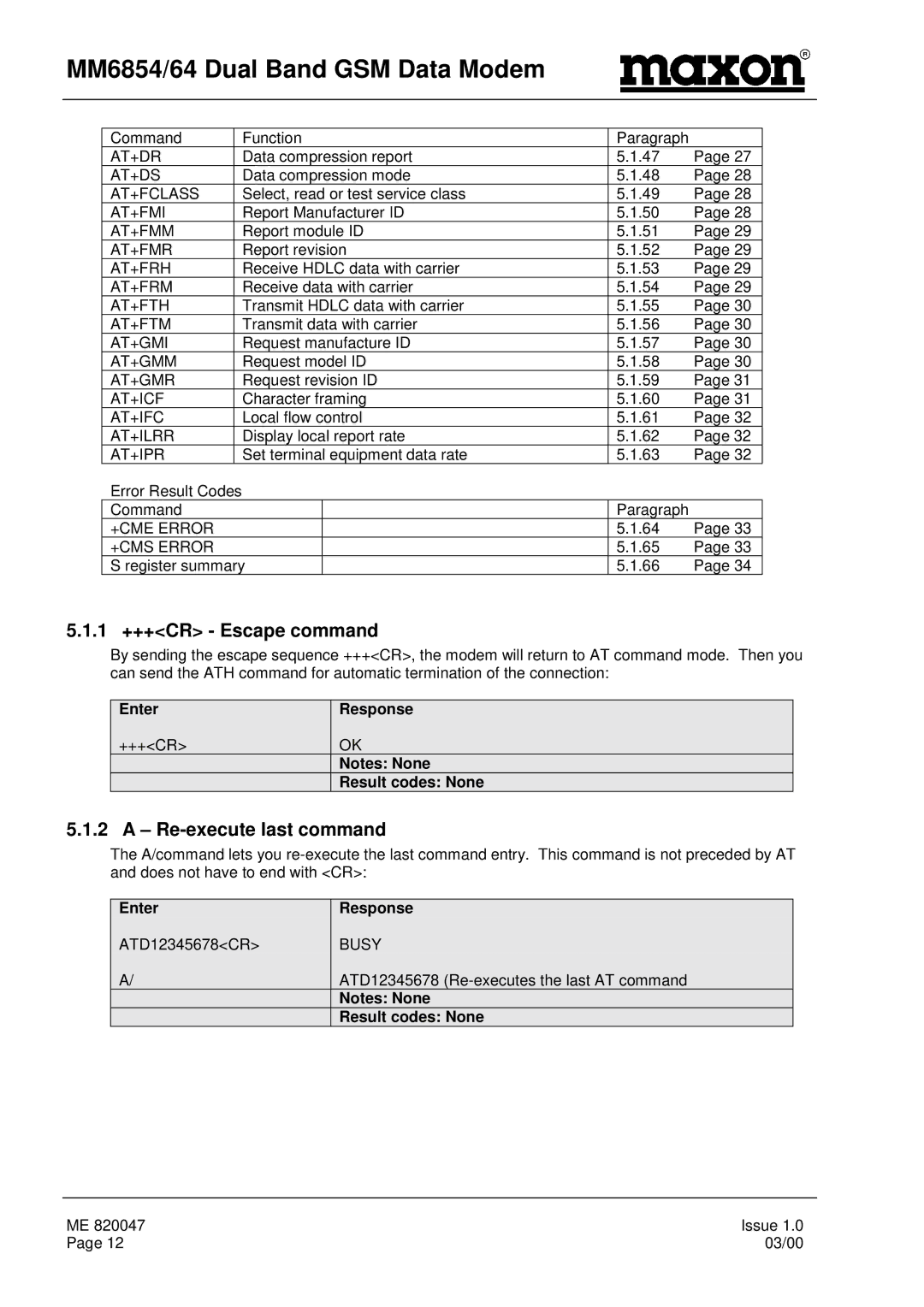 Maxon Telecom MM-6864, MM-6854 manual 1 +++CR Escape command, Re-execute last command 