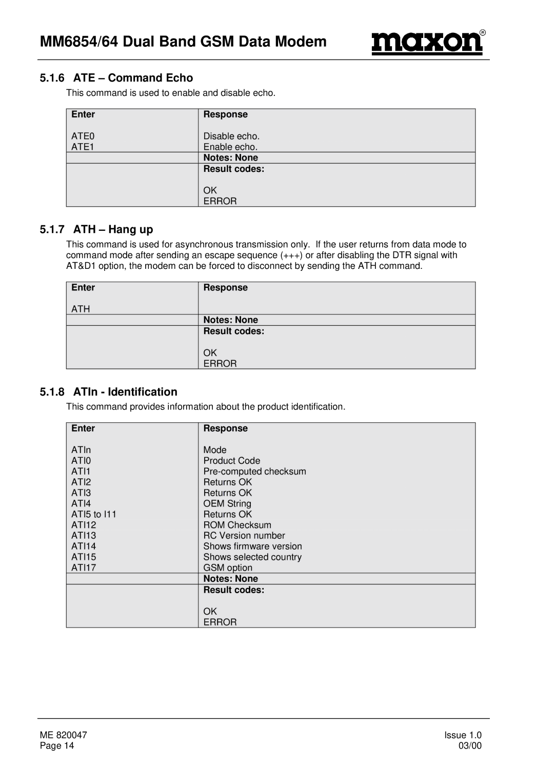 Maxon Telecom MM-6864, MM-6854 manual ATE Command Echo, ATH Hang up, ATIn Identification 