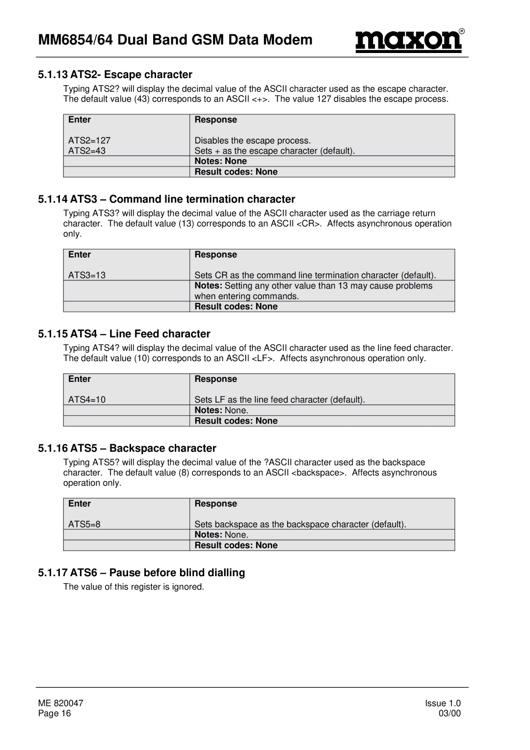 Maxon Telecom MM-6864 13 ATS2- Escape character, 14 ATS3 Command line termination character, 15 ATS4 Line Feed character 