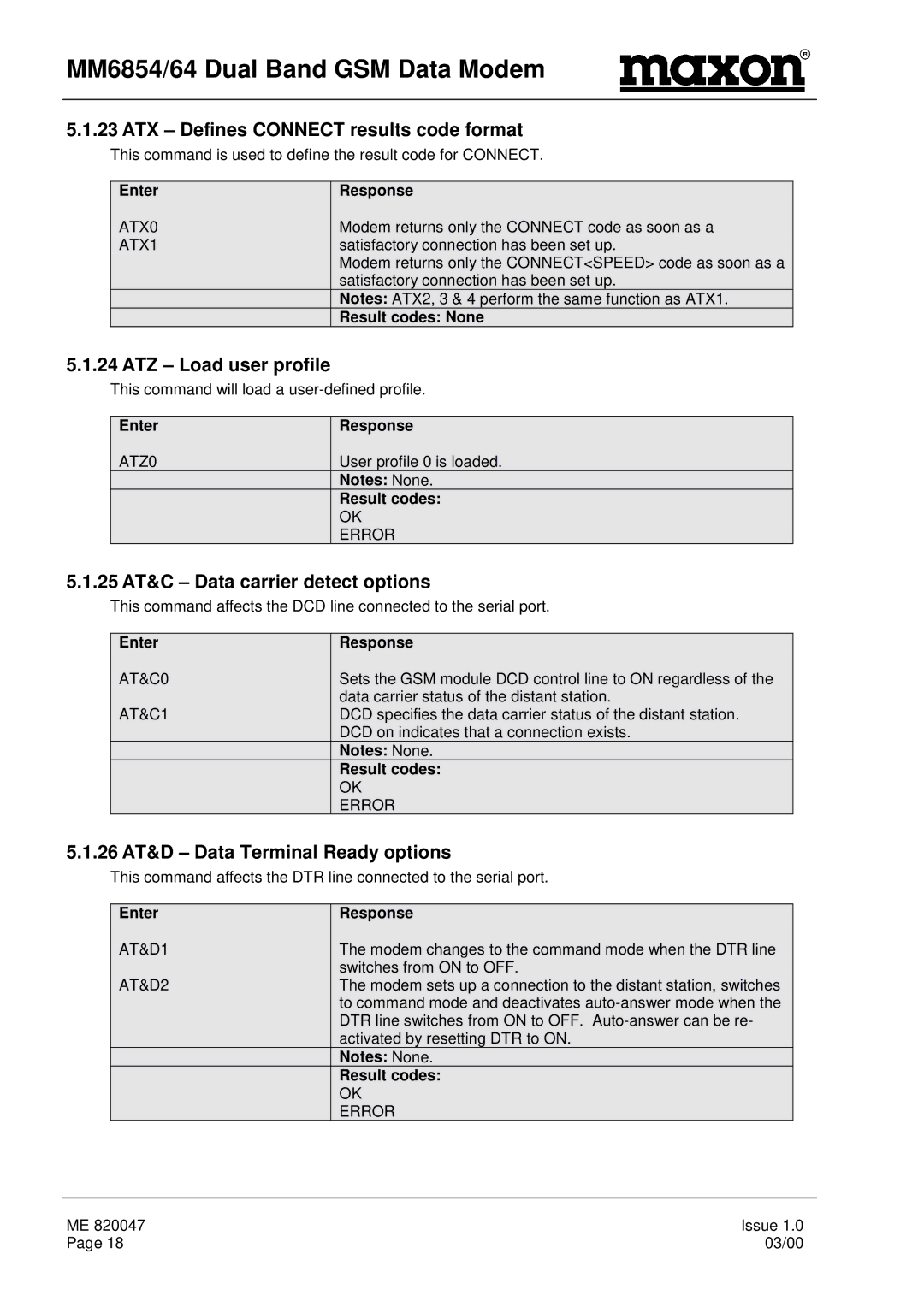 Maxon Telecom MM-6864 ATX Defines Connect results code format, ATZ Load user profile, 25 AT&C Data carrier detect options 