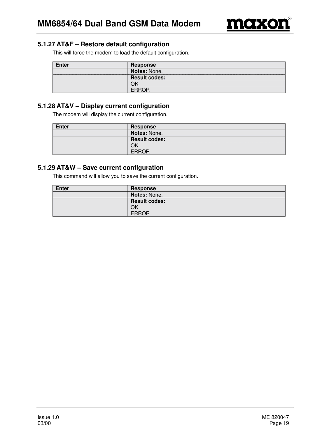 Maxon Telecom MM-6854, MM-6864 manual 27 AT&F Restore default configuration, 28 AT&V Display current configuration 