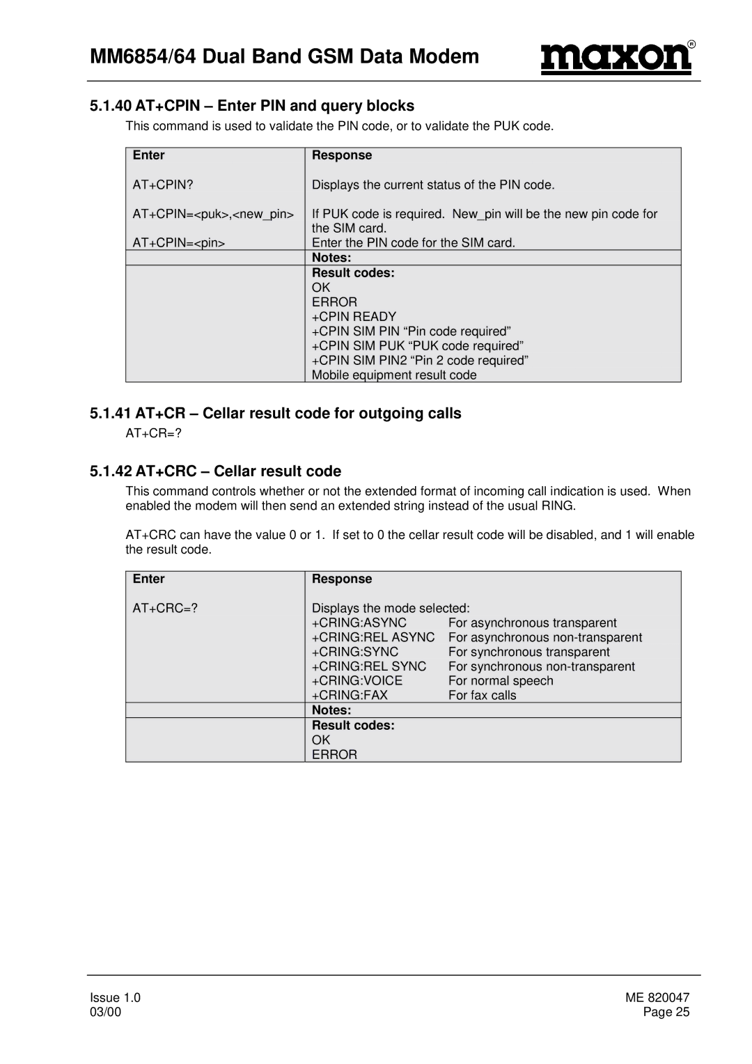 Maxon Telecom MM-6854, MM-6864 manual 40 AT+CPIN Enter PIN and query blocks, 41 AT+CR Cellar result code for outgoing calls 