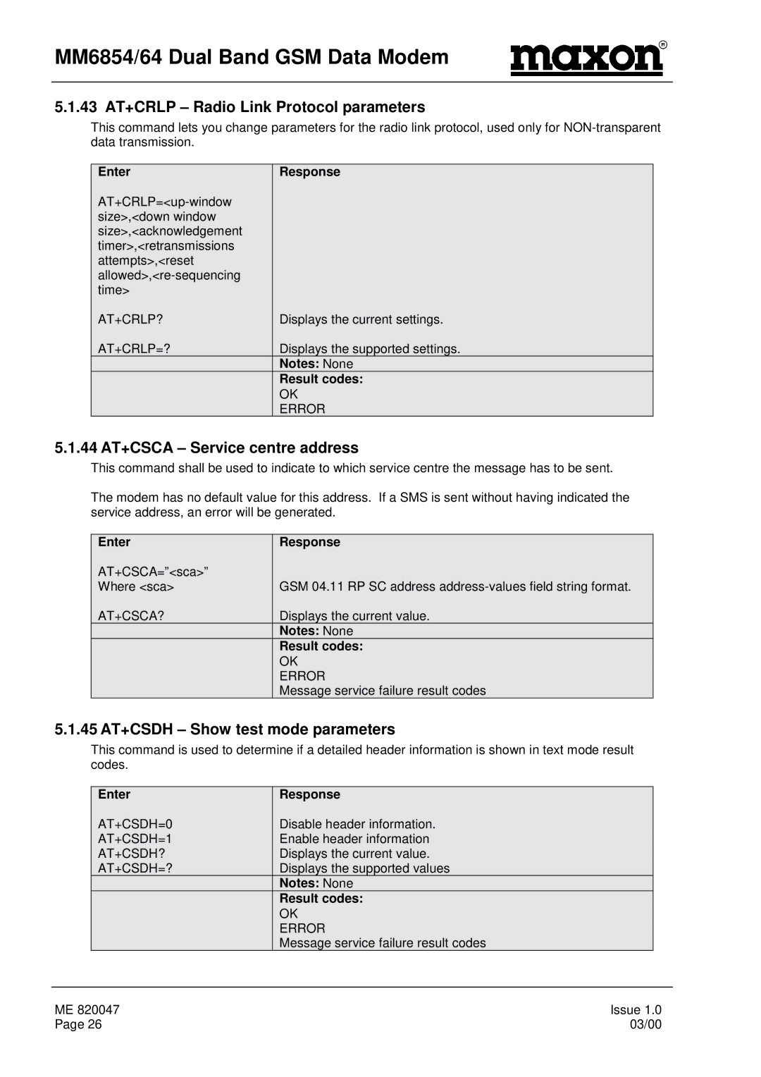 Maxon Telecom MM-6864, MM-6854 manual 43 AT+CRLP Radio Link Protocol parameters, 44 AT+CSCA Service centre address 