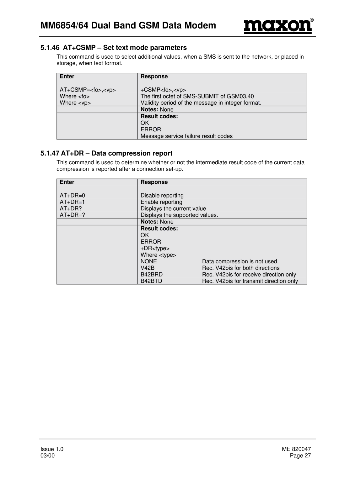 Maxon Telecom MM-6854, MM-6864 manual 46 AT+CSMP Set text mode parameters, 47 AT+DR Data compression report 