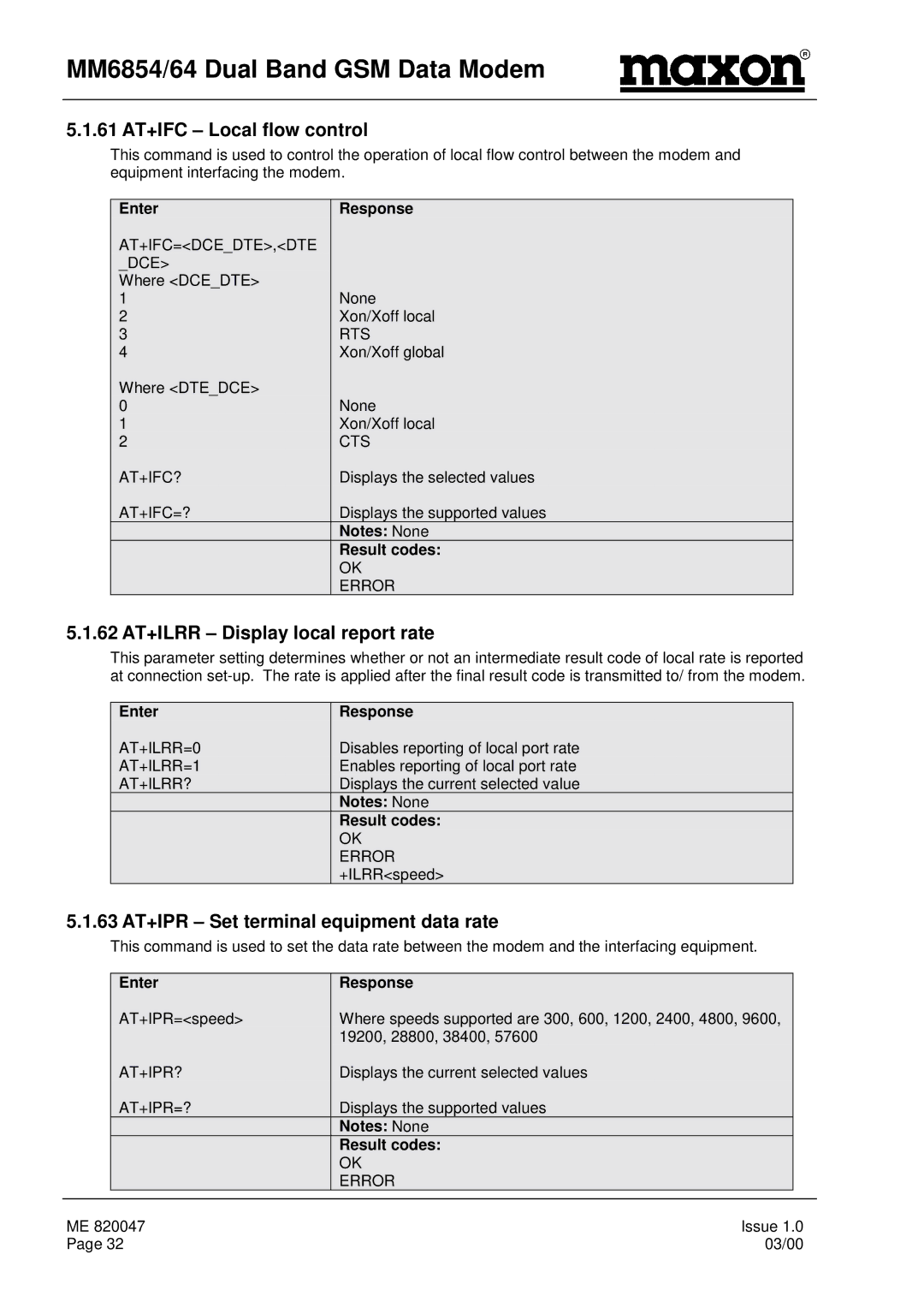 Maxon Telecom MM-6864, MM-6854 manual 61 AT+IFC Local flow control, 62 AT+ILRR Display local report rate 