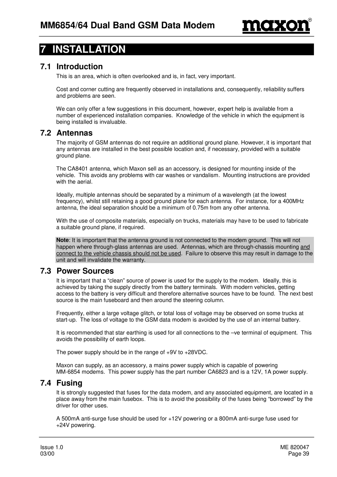 Maxon Telecom MM-6854, MM-6864 manual Installation, Antennas, Power Sources, Fusing 