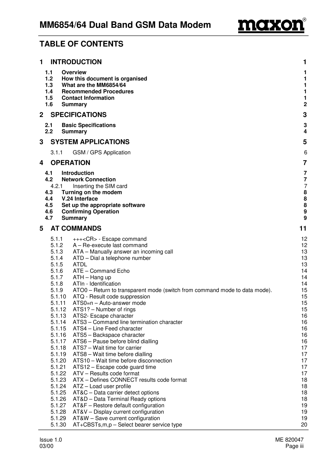 Maxon Telecom MM-6854, MM-6864 manual Table of Contents 