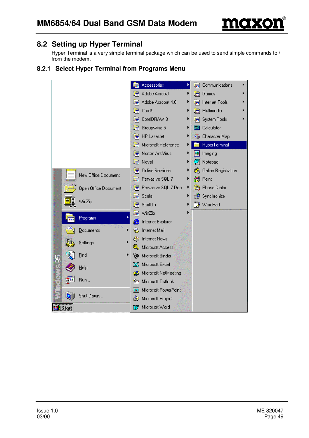 Maxon Telecom MM-6854, MM-6864 manual Setting up Hyper Terminal, Select Hyper Terminal from Programs Menu 