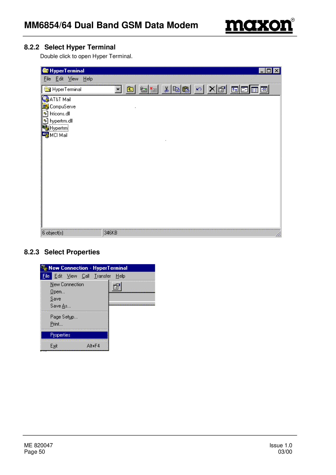 Maxon Telecom MM-6864, MM-6854 manual Select Hyper Terminal, Select Properties 