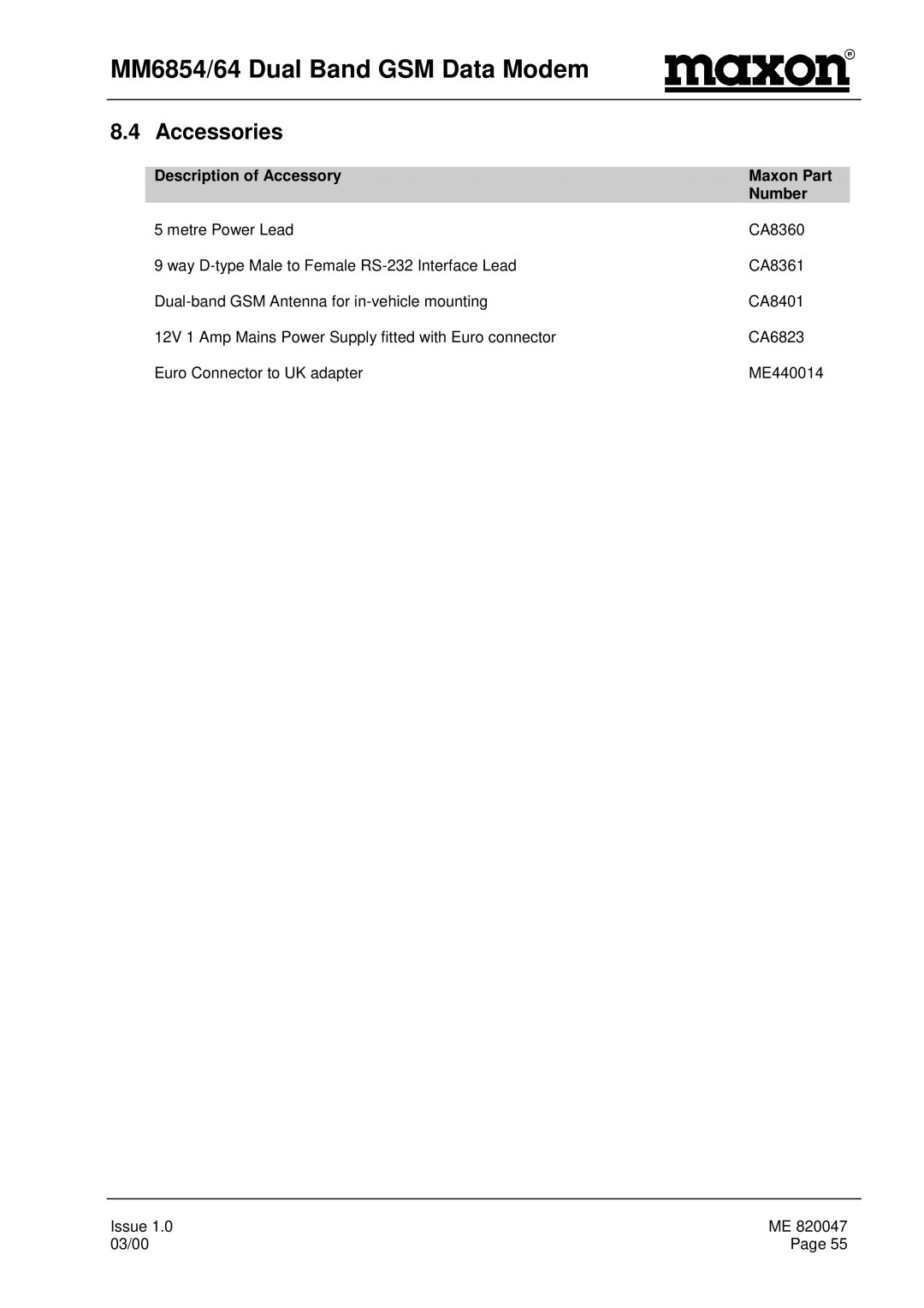 Maxon Telecom MM-6854, MM-6864 manual Accessories, Description of Accessory Maxon Part Number 