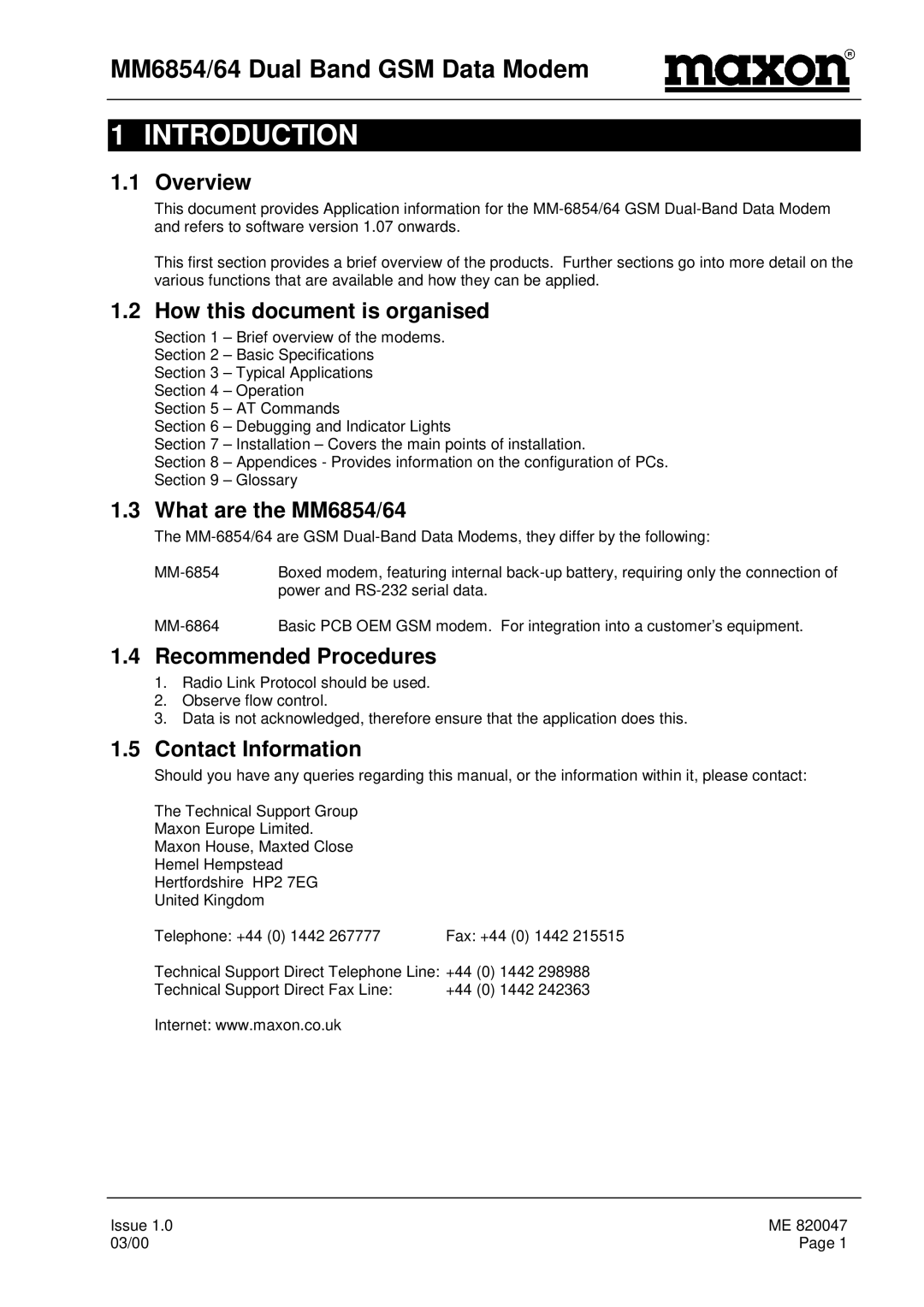 Maxon Telecom MM-6854, MM-6864 manual Introduction 