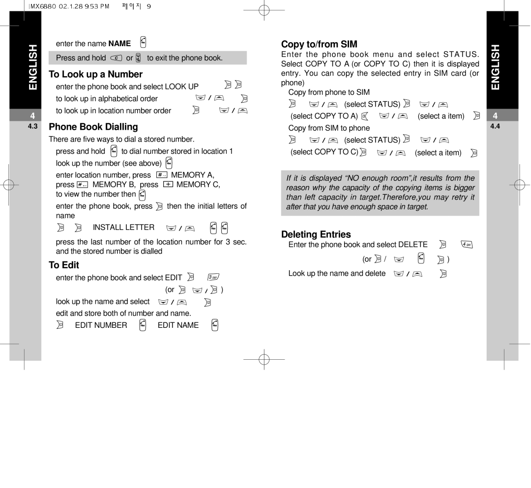 Maxon Telecom MX-6880 dimensions To Look up a Number, Phone Book Dialling, To Edit, Copy to/from SIM, Deleting Entries 