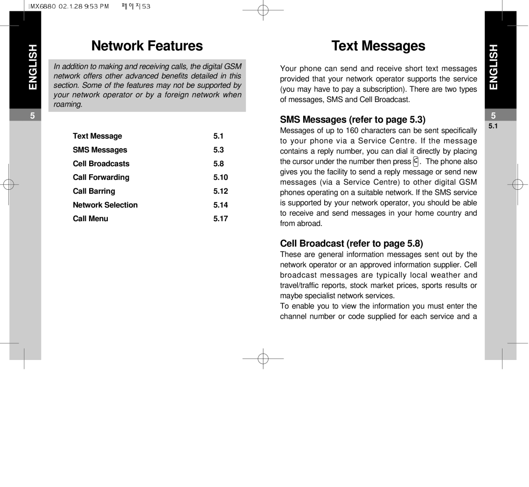 Maxon Telecom MX-6880 dimensions Network Features, SMS Messages refer to, Cell Broadcast refer to 