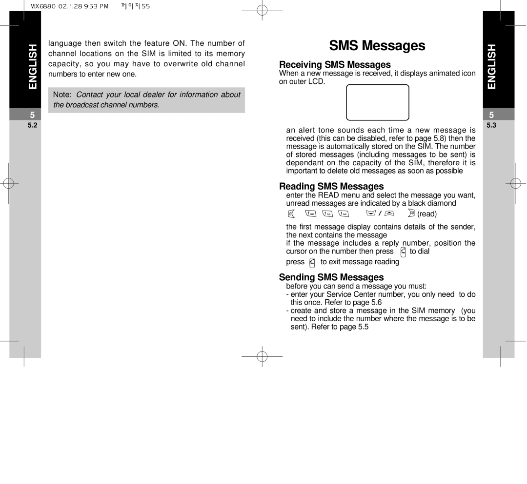 Maxon Telecom MX-6880 dimensions Receiving SMS Messages, Reading SMS Messages, Sending SMS Messages 