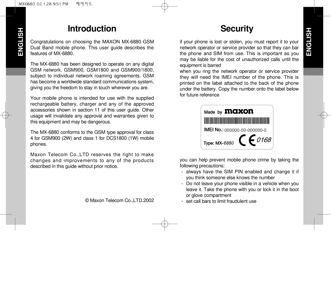 Maxon Telecom MX-6880 dimensions Introduction, Security 