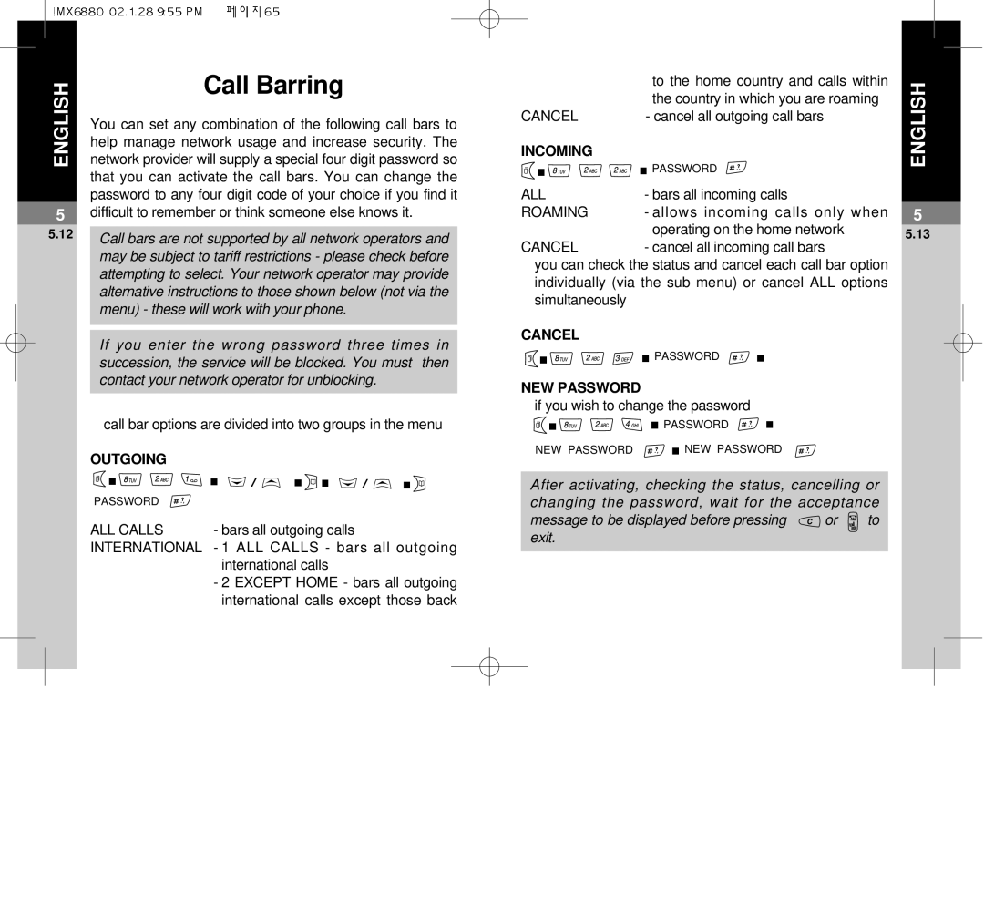 Maxon Telecom MX-6880 dimensions Call Barring 