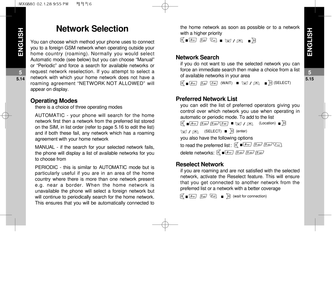 Maxon Telecom MX-6880 dimensions Operating Modes, Network Search, Preferred Network List, Reselect Network 